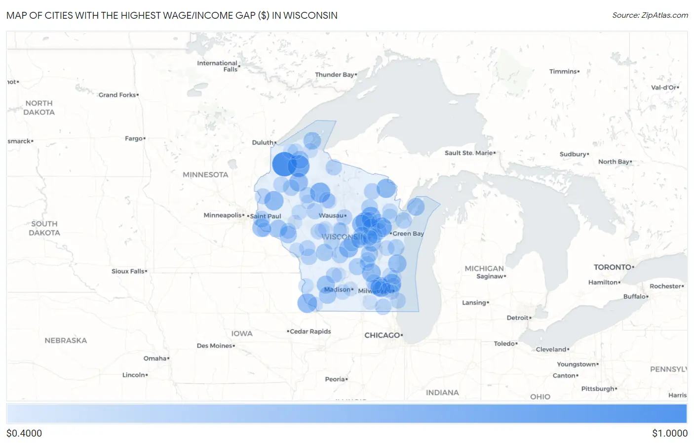 Cities with the Highest Wage/Income Gap ($) in Wisconsin Map