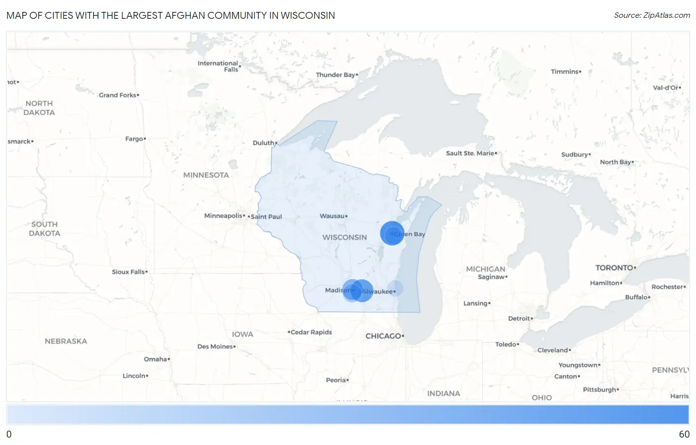 Cities with the Largest Afghan Community in Wisconsin Map