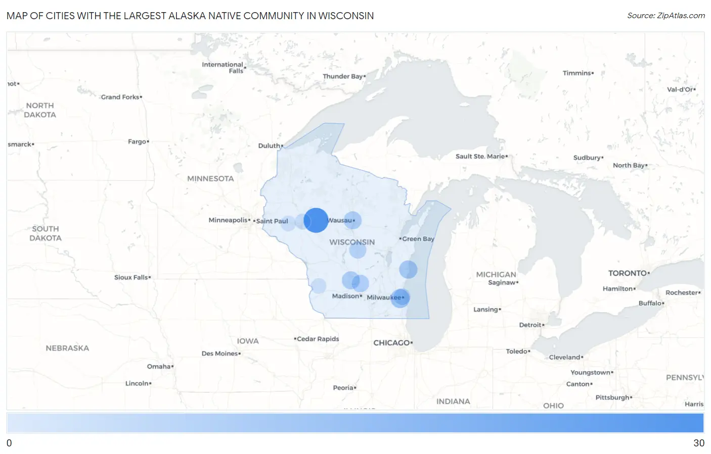 Cities with the Largest Alaska Native Community in Wisconsin Map