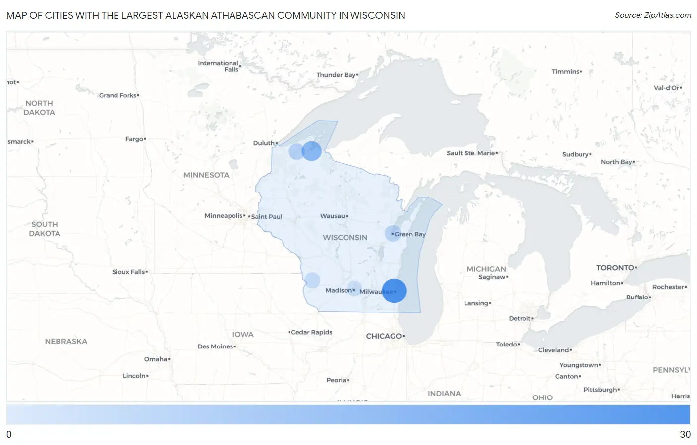 Cities with the Largest Alaskan Athabascan Community in Wisconsin Map