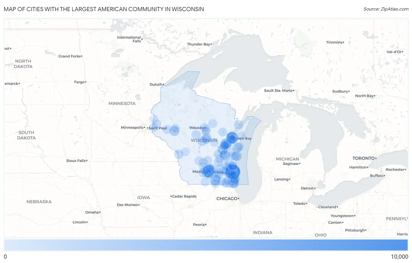 Cities with the Largest American Community in Wisconsin Map