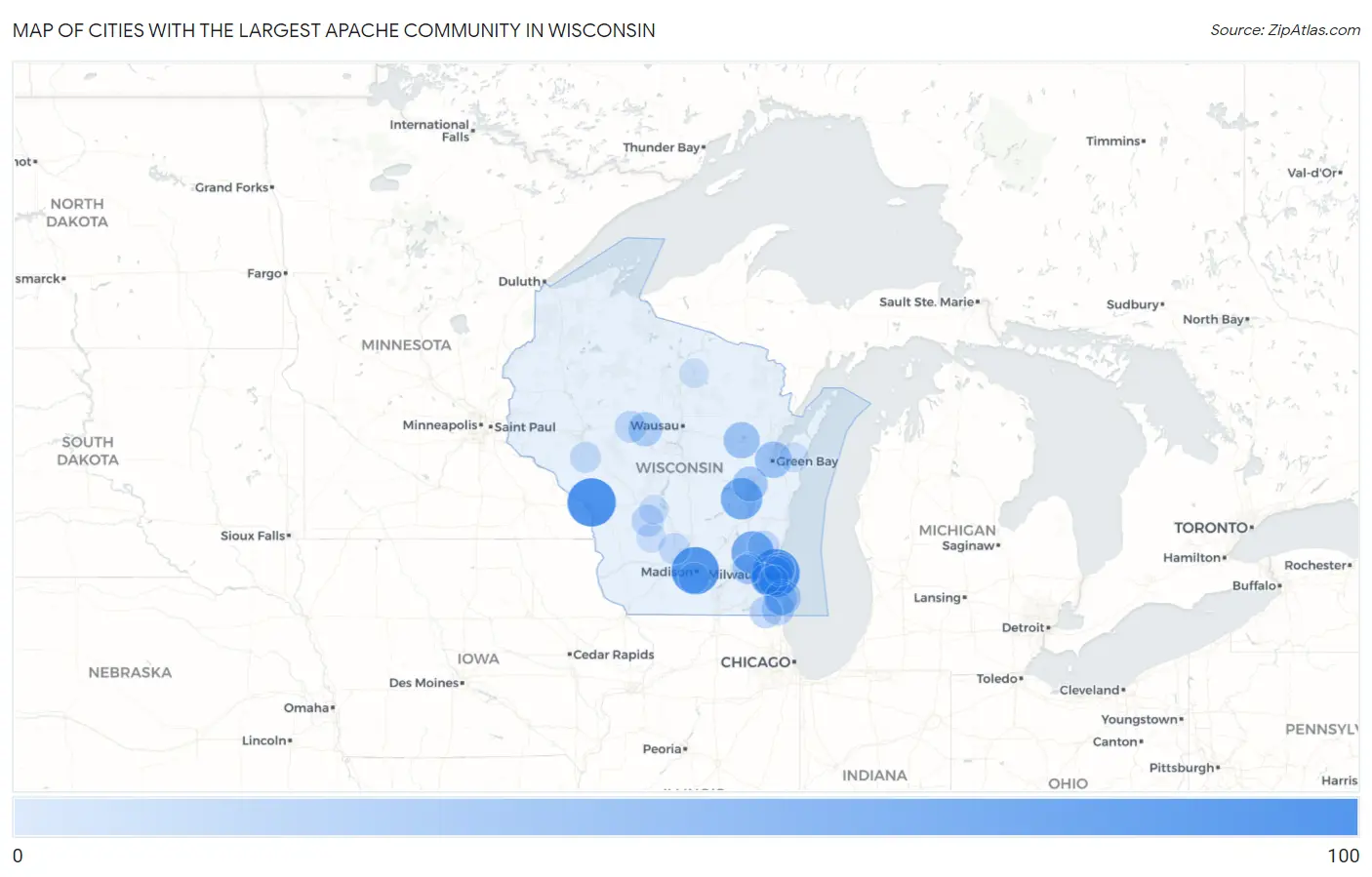 Cities with the Largest Apache Community in Wisconsin Map