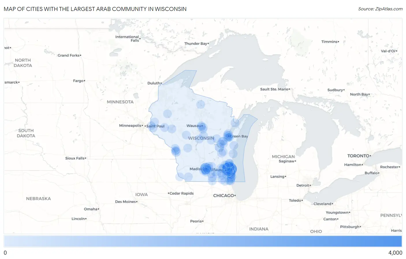 Cities with the Largest Arab Community in Wisconsin Map