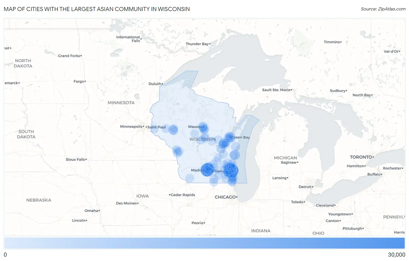 Cities with the Largest Asian Community in Wisconsin Map