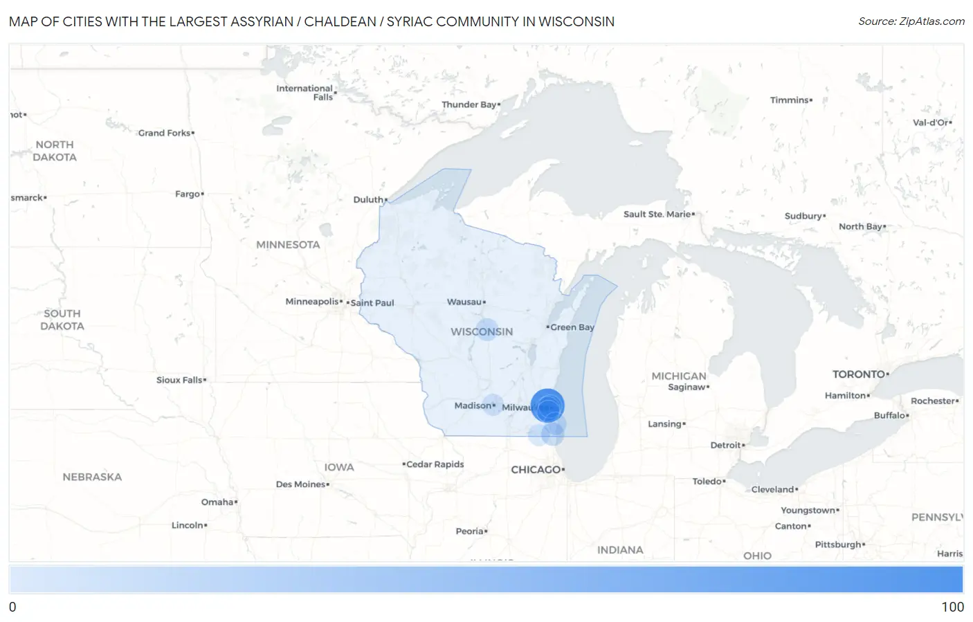 Cities with the Largest Assyrian / Chaldean / Syriac Community in Wisconsin Map