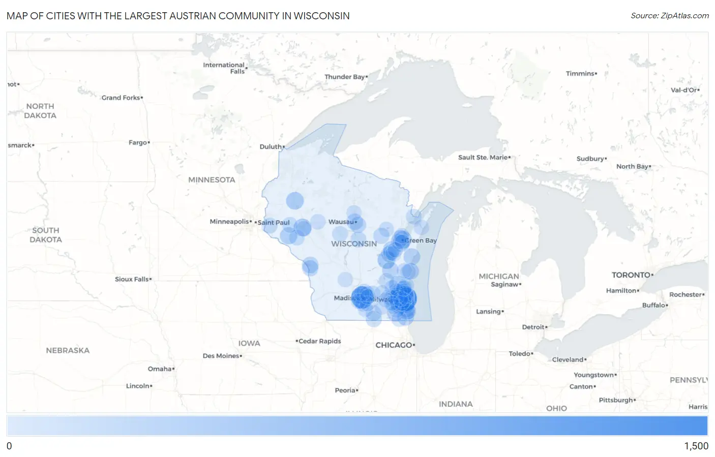 Cities with the Largest Austrian Community in Wisconsin Map