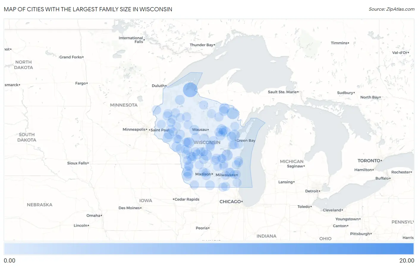 Cities with the Largest Family Size in Wisconsin Map