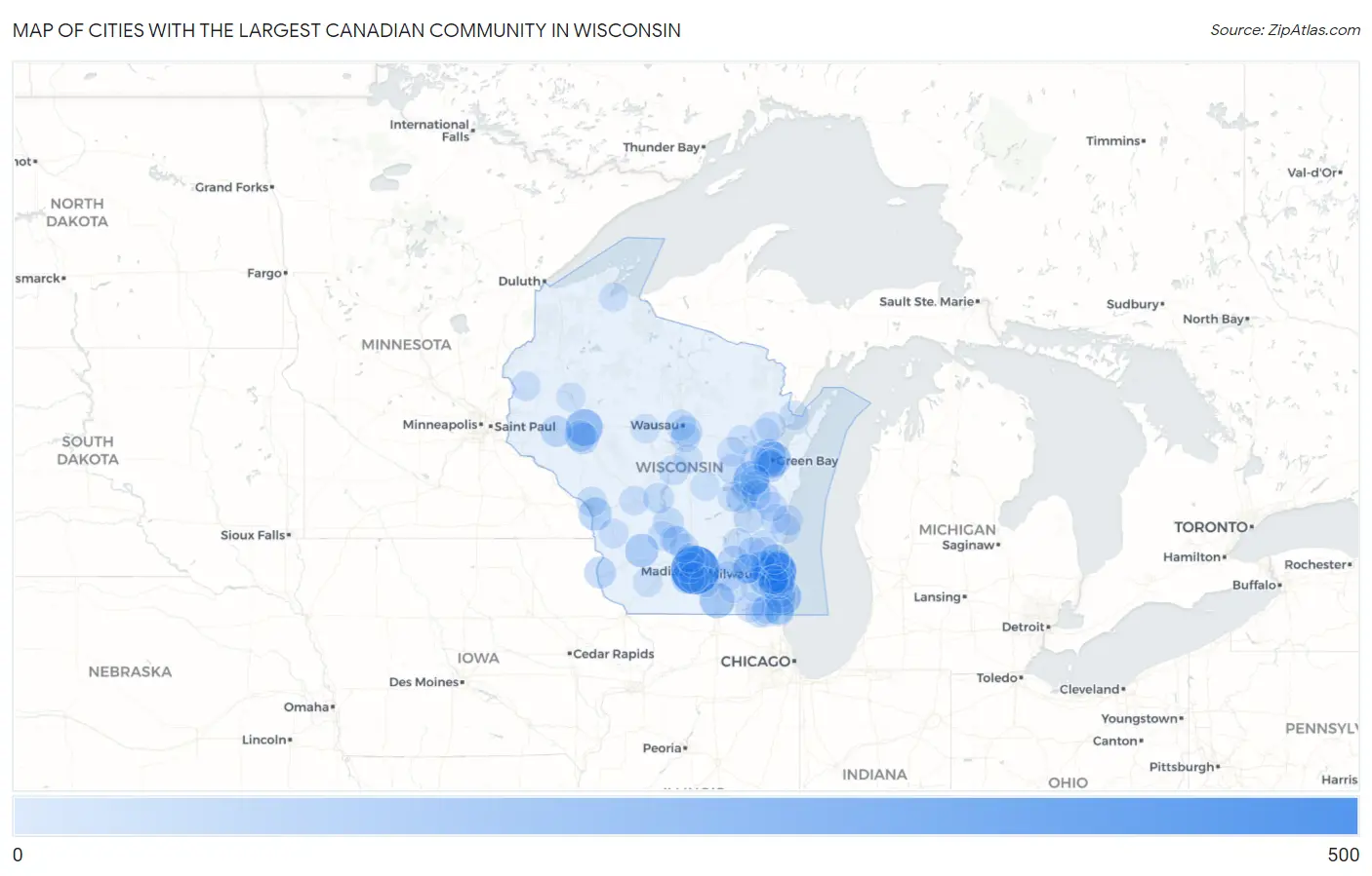 Cities with the Largest Canadian Community in Wisconsin Map