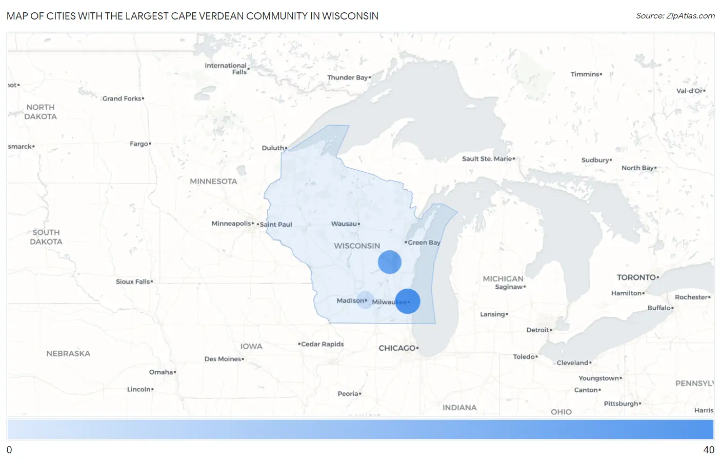Cities with the Largest Cape Verdean Community in Wisconsin Map