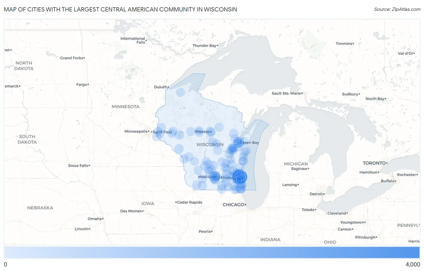 Cities with the Largest Central American Community in Wisconsin Map