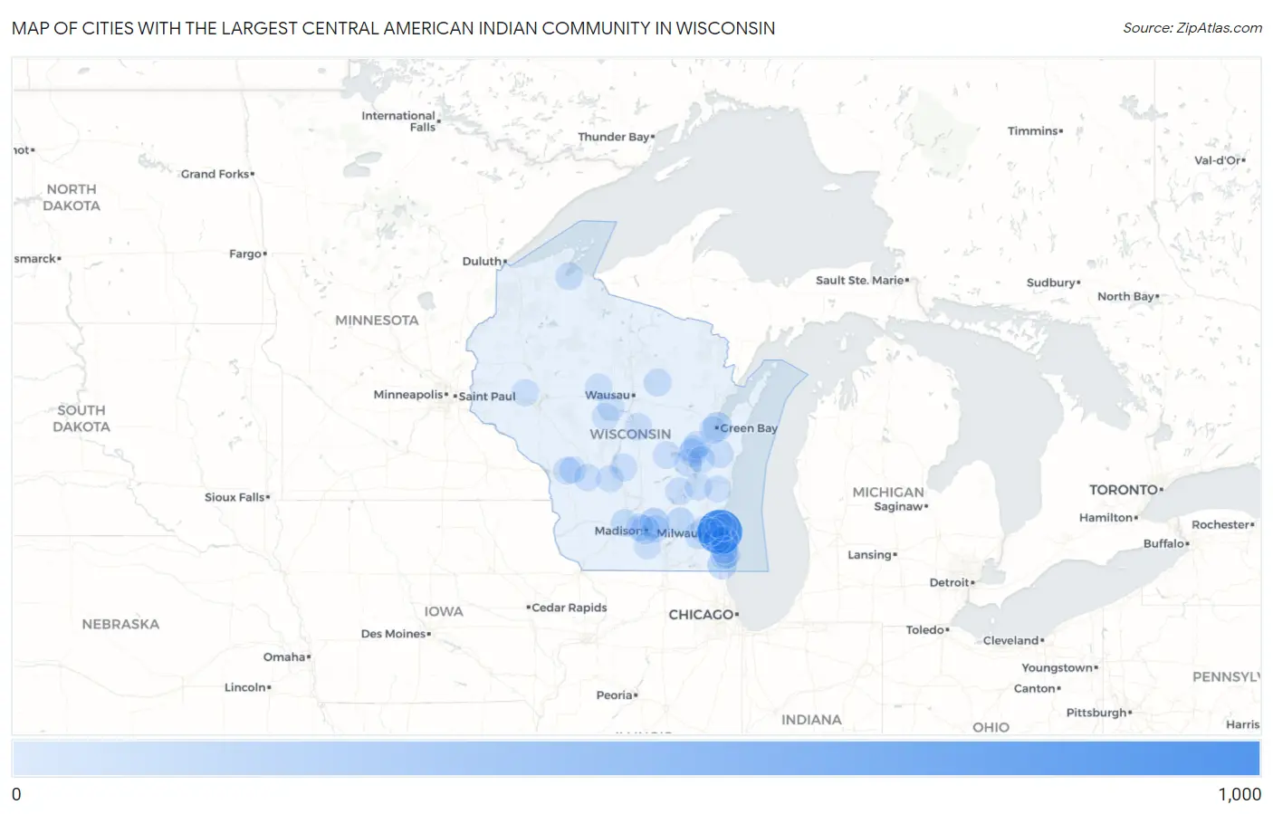 Cities with the Largest Central American Indian Community in Wisconsin Map