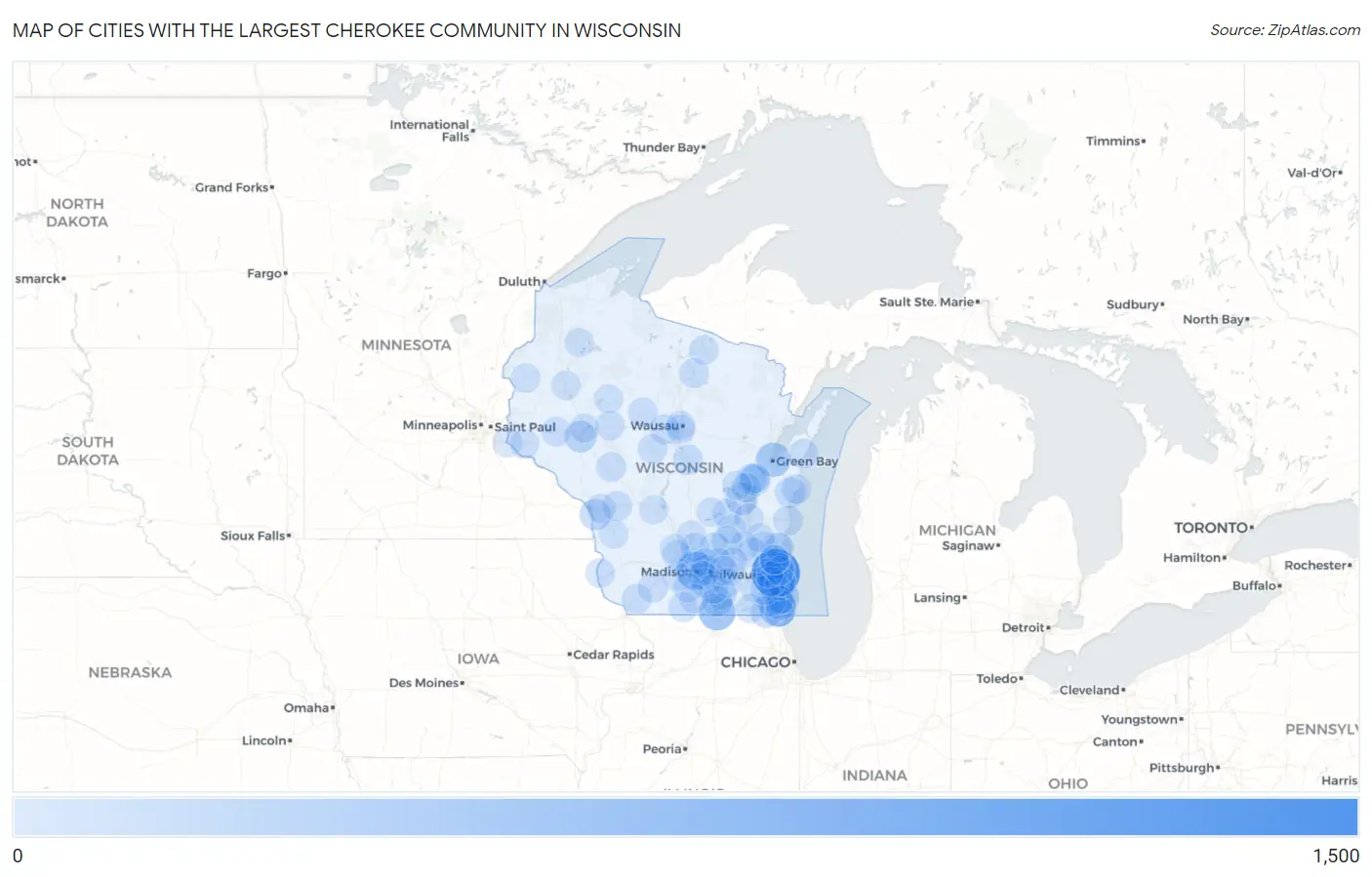 Cities with the Largest Cherokee Community in Wisconsin Map