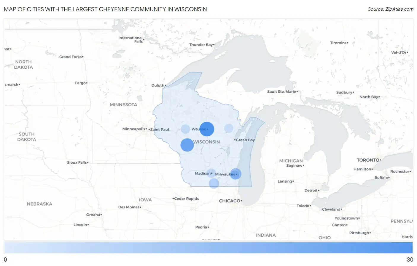 Cities with the Largest Cheyenne Community in Wisconsin Map