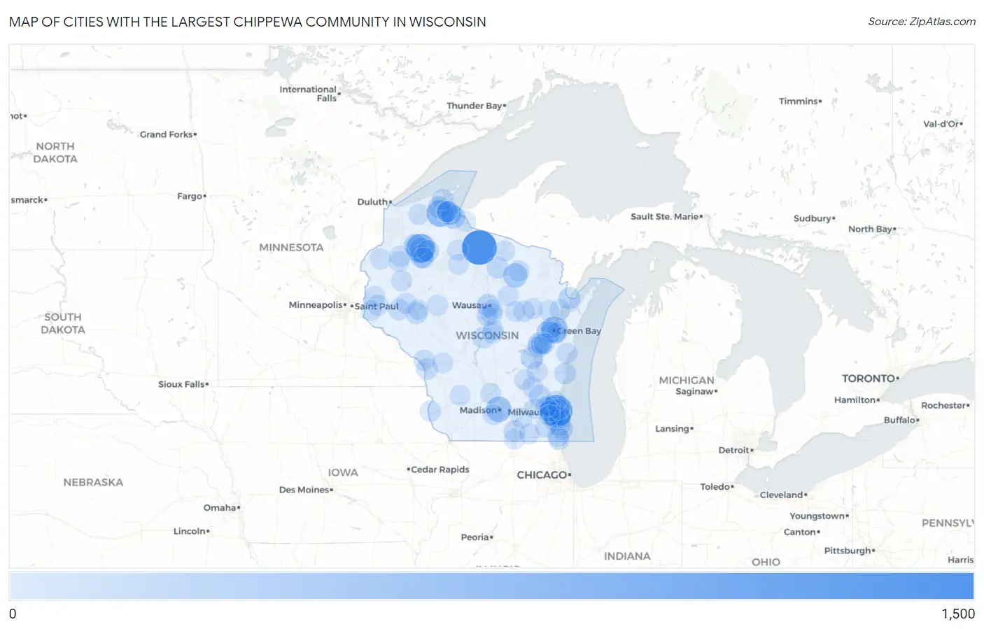 Cities with the Largest Chippewa Community in Wisconsin Map