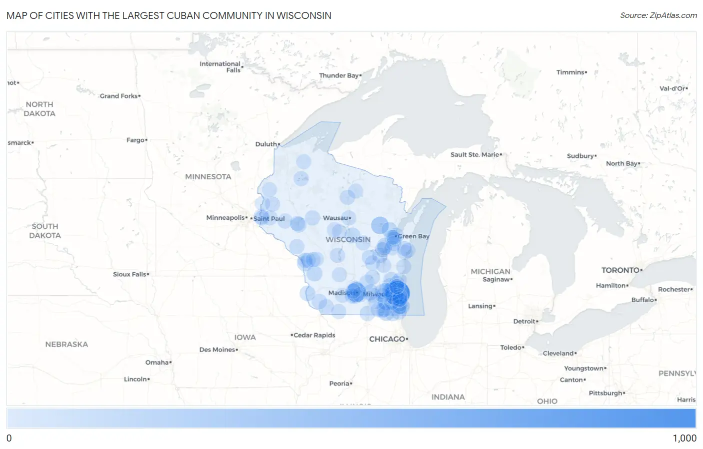 Cities with the Largest Cuban Community in Wisconsin Map
