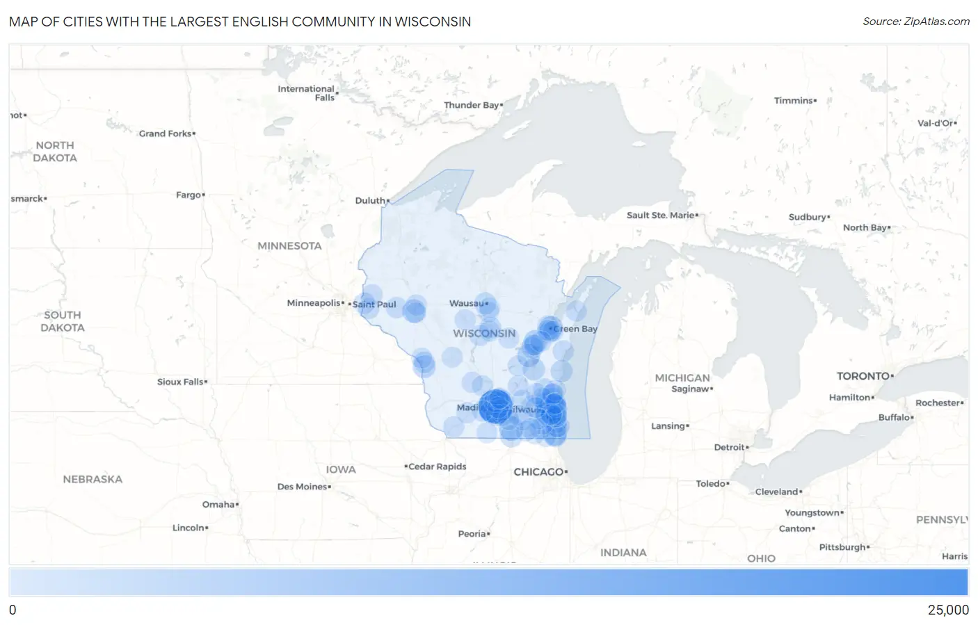 Cities with the Largest English Community in Wisconsin Map