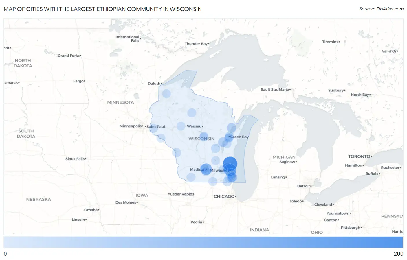 Cities with the Largest Ethiopian Community in Wisconsin Map