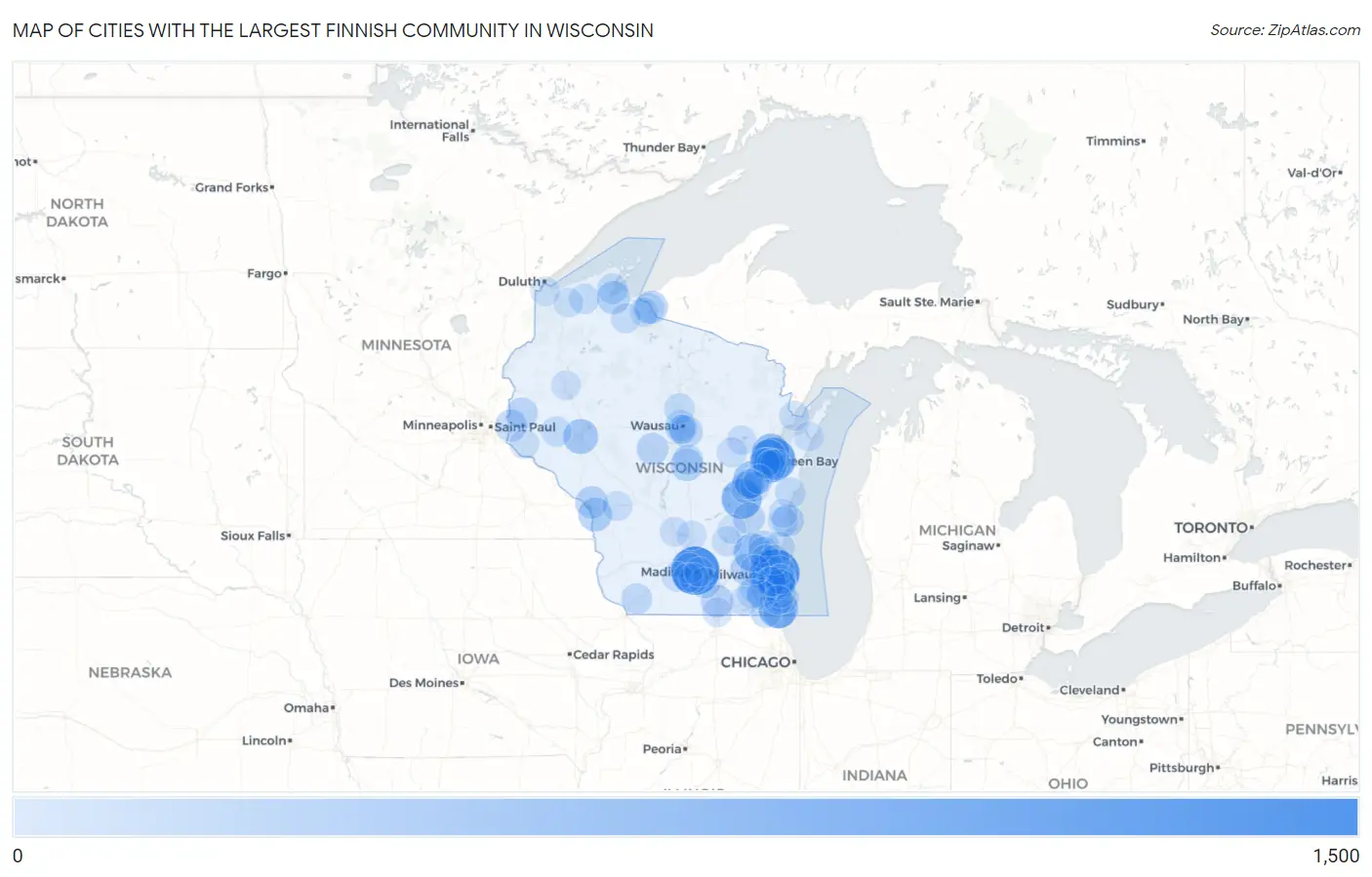 Cities with the Largest Finnish Community in Wisconsin Map