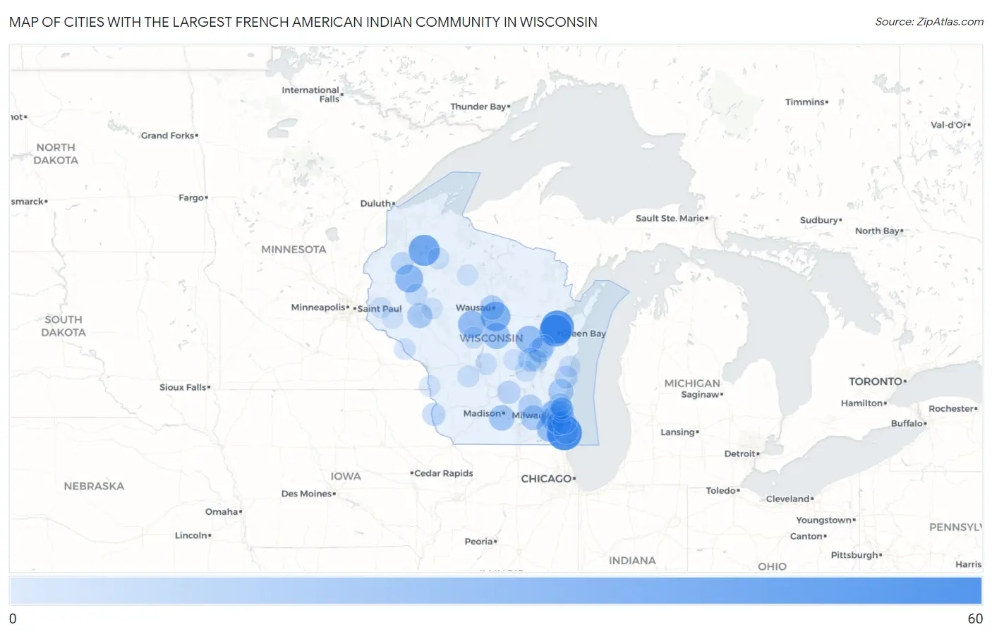Cities with the Largest French American Indian Community in Wisconsin Map
