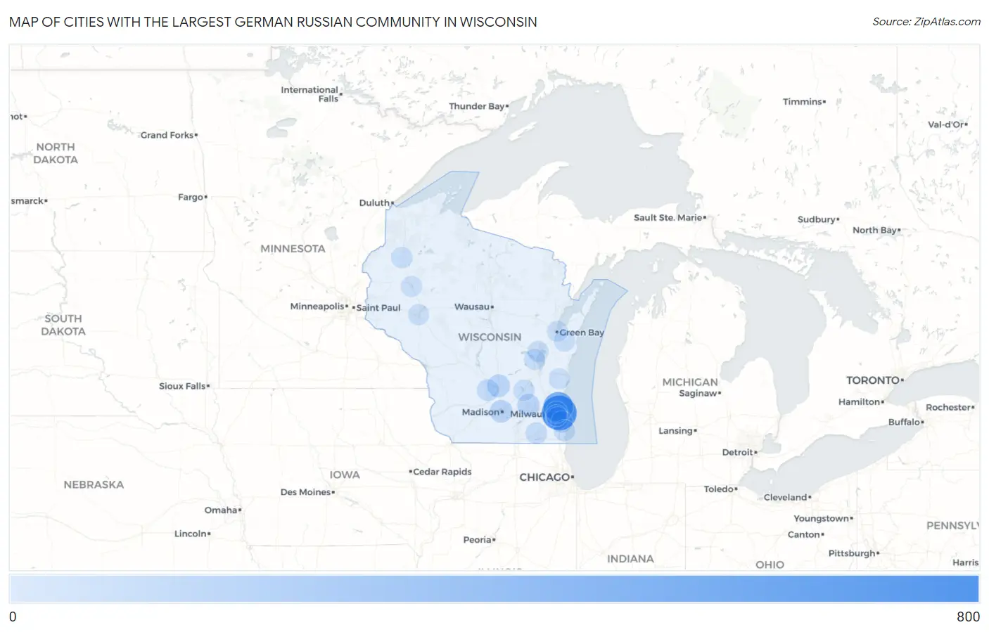 Cities with the Largest German Russian Community in Wisconsin Map