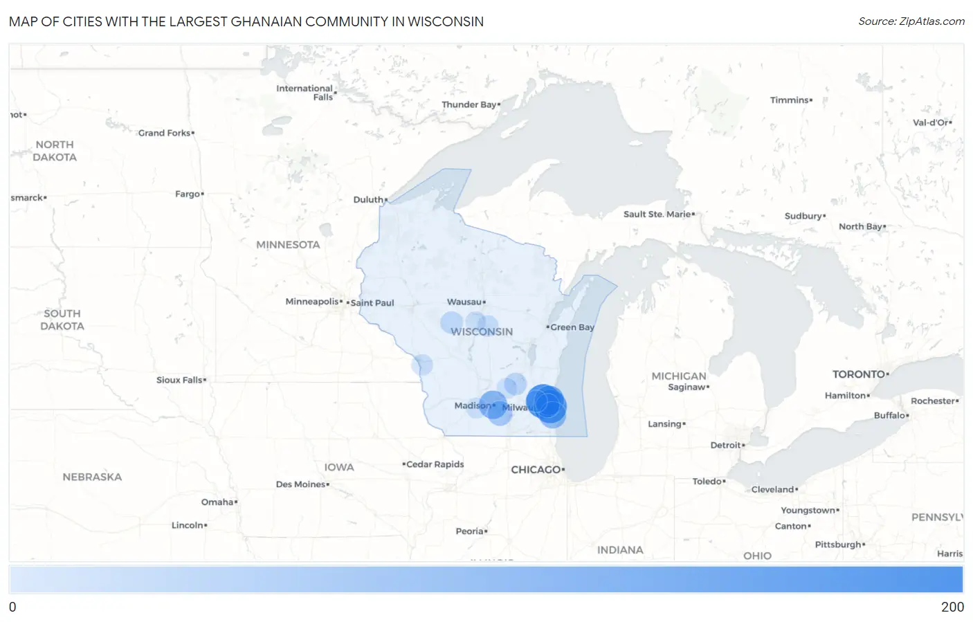 Cities with the Largest Ghanaian Community in Wisconsin Map