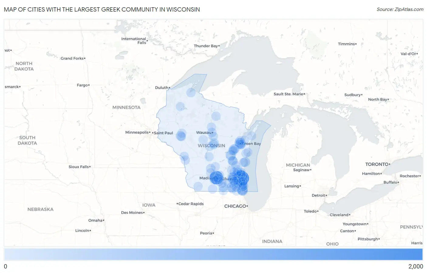 Cities with the Largest Greek Community in Wisconsin Map