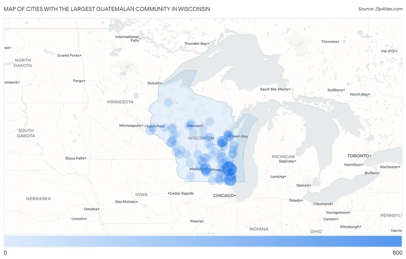 Cities with the Largest Guatemalan Community in Wisconsin Map