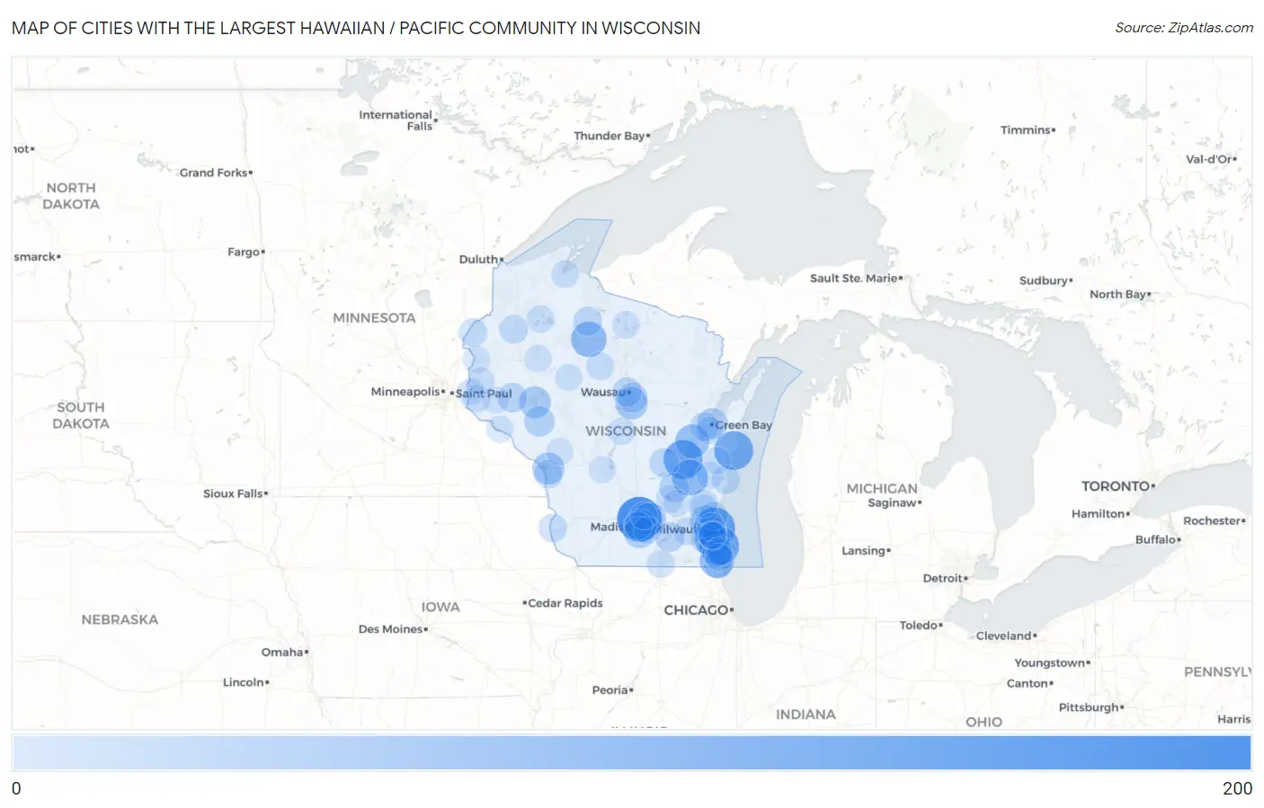 Cities with the Largest Hawaiian / Pacific Community in Wisconsin Map