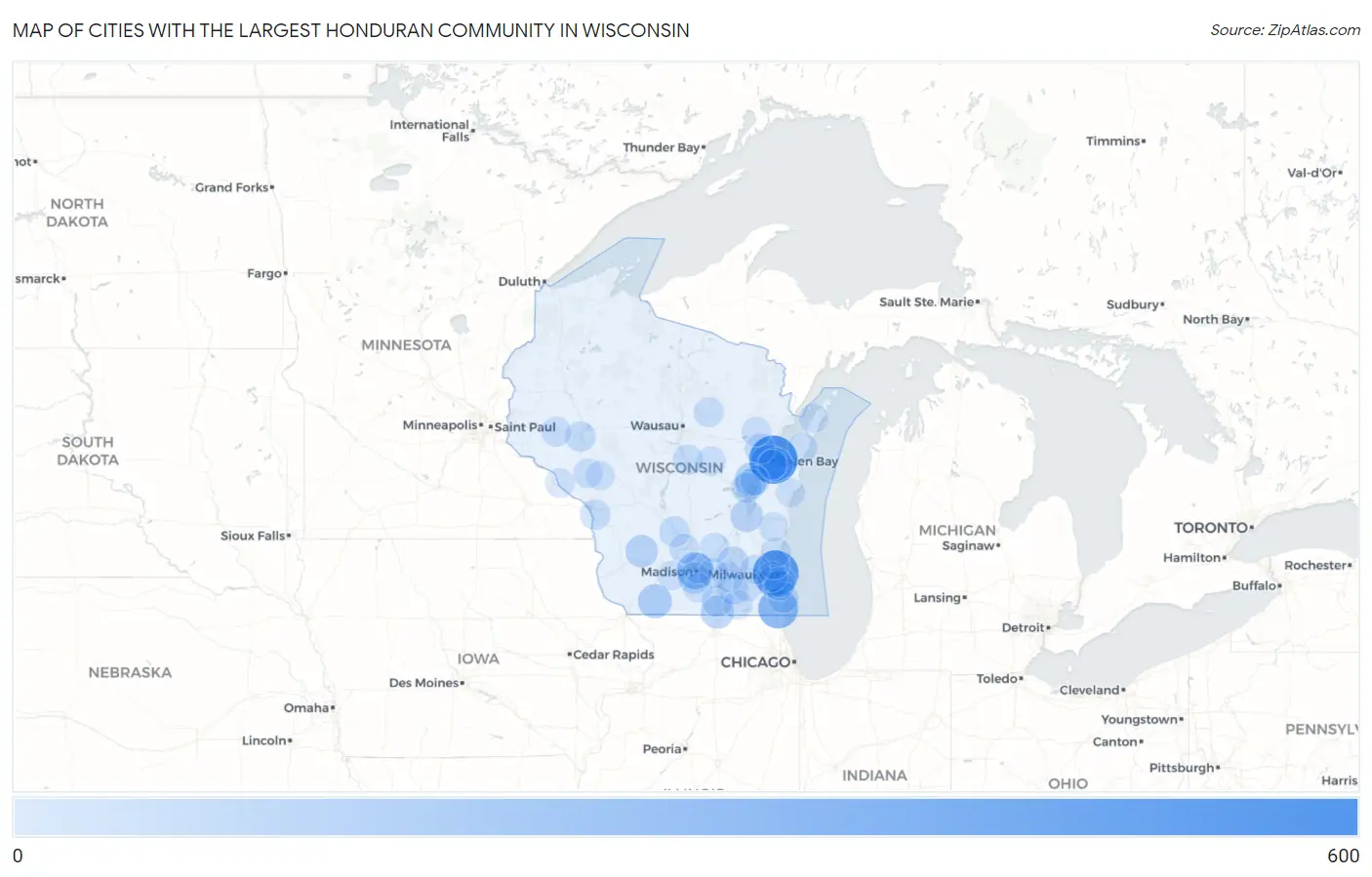 Cities with the Largest Honduran Community in Wisconsin Map