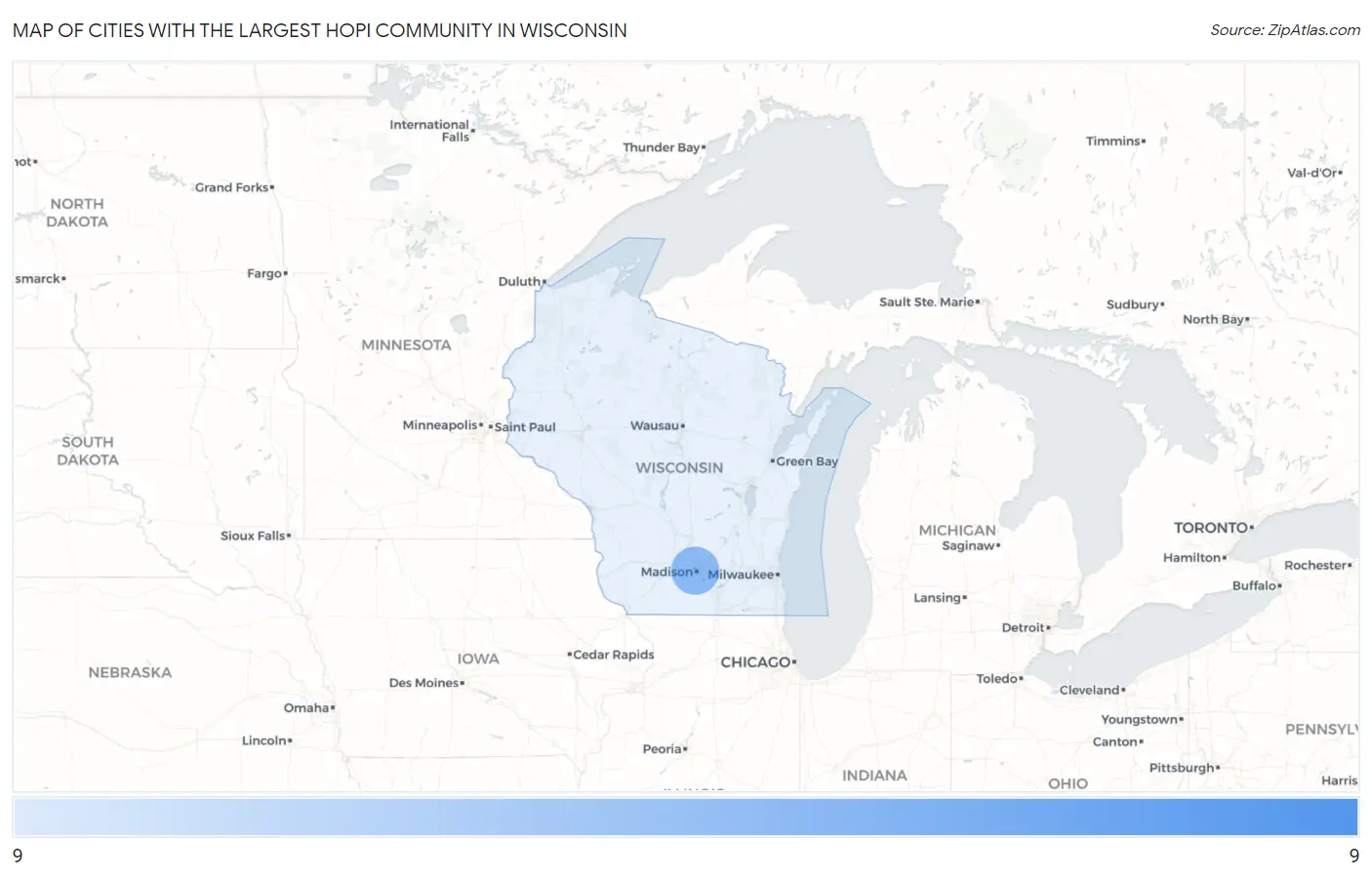 Cities with the Largest Hopi Community in Wisconsin Map