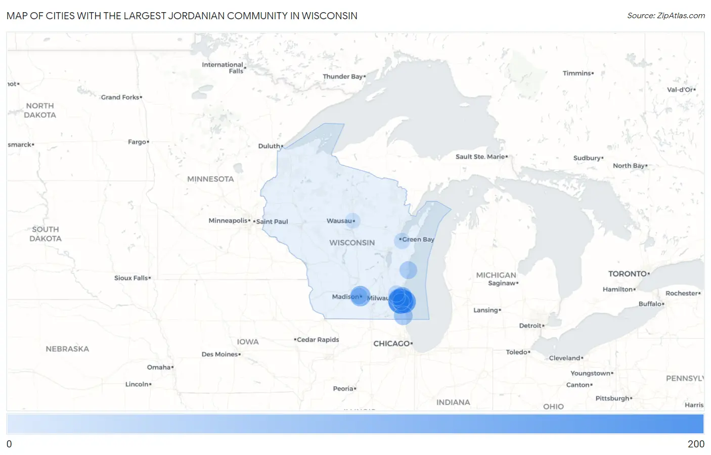 Cities with the Largest Jordanian Community in Wisconsin Map