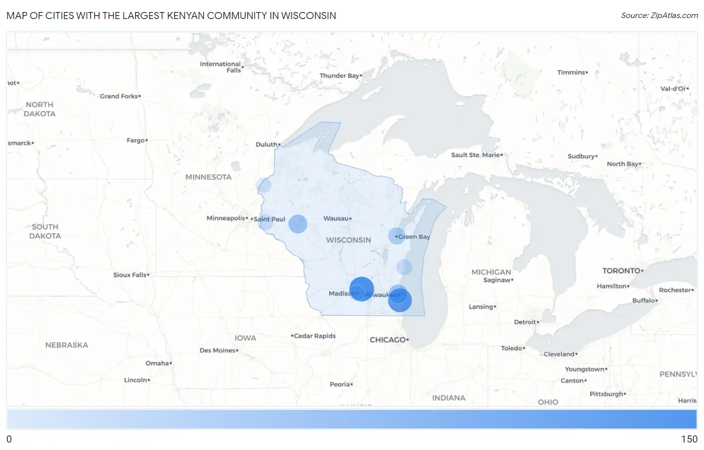 Cities with the Largest Kenyan Community in Wisconsin Map