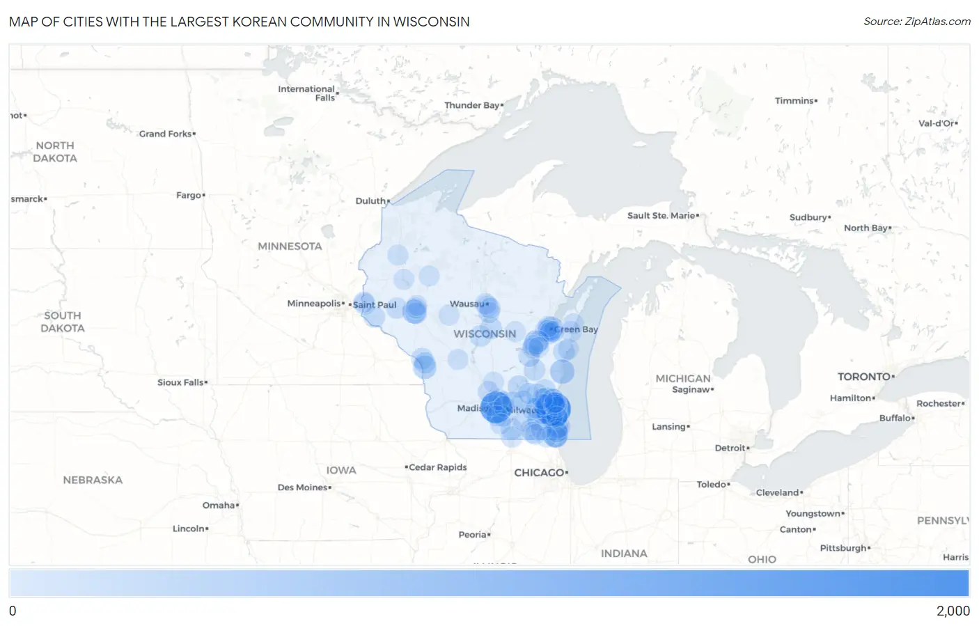 Cities with the Largest Korean Community in Wisconsin Map