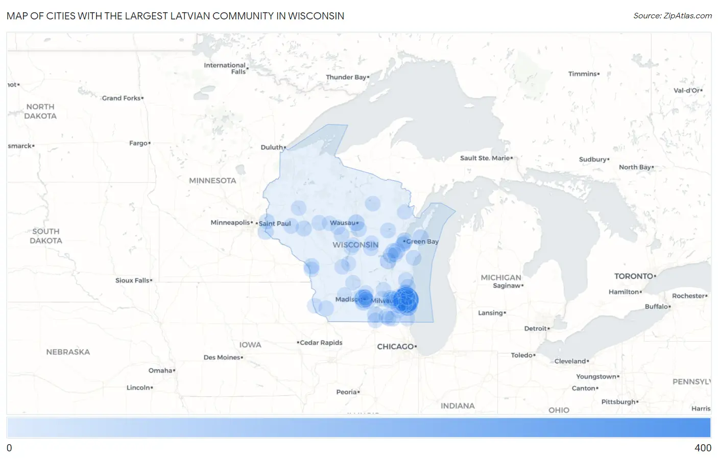 Cities with the Largest Latvian Community in Wisconsin Map