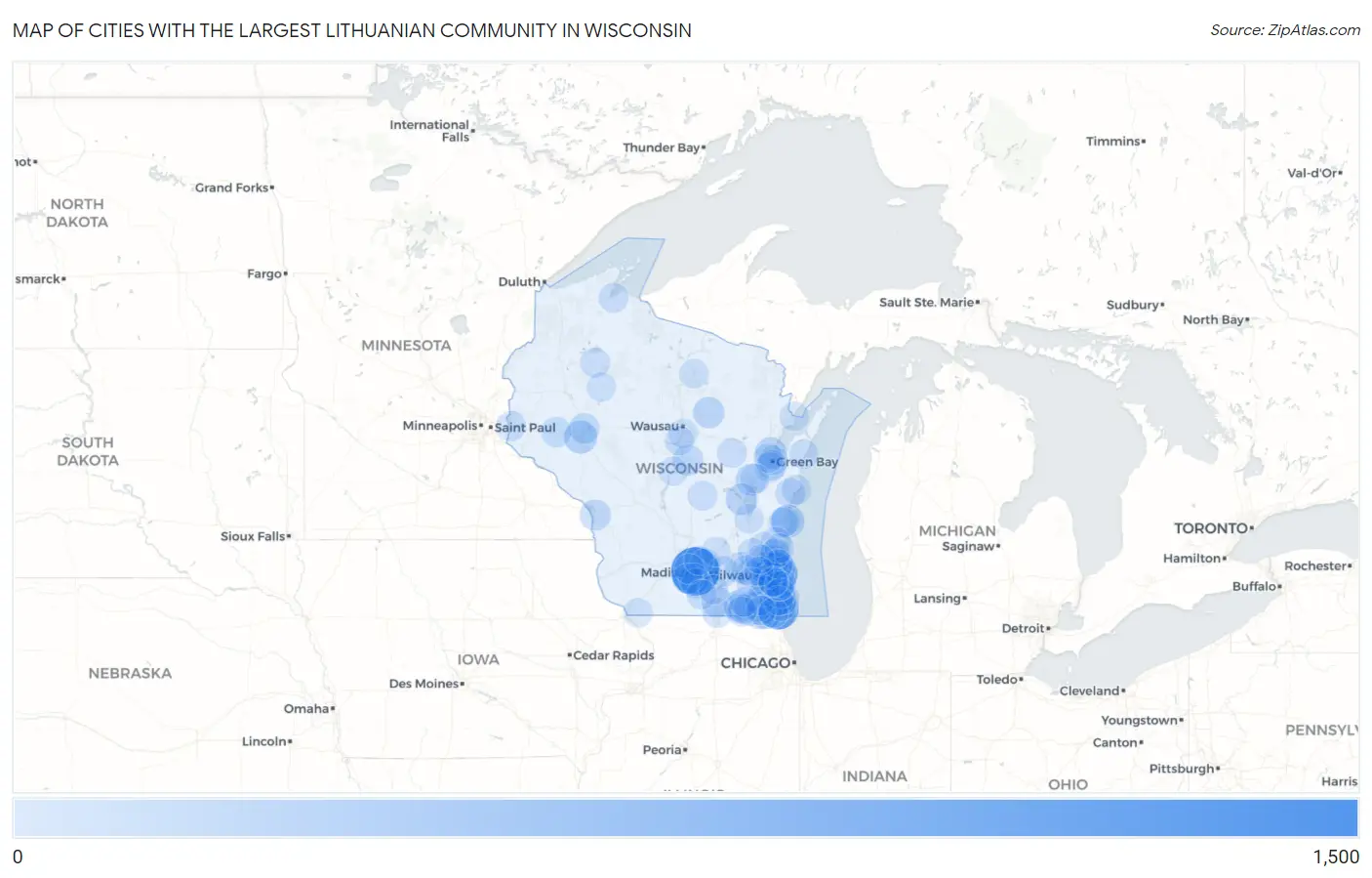 Cities with the Largest Lithuanian Community in Wisconsin Map