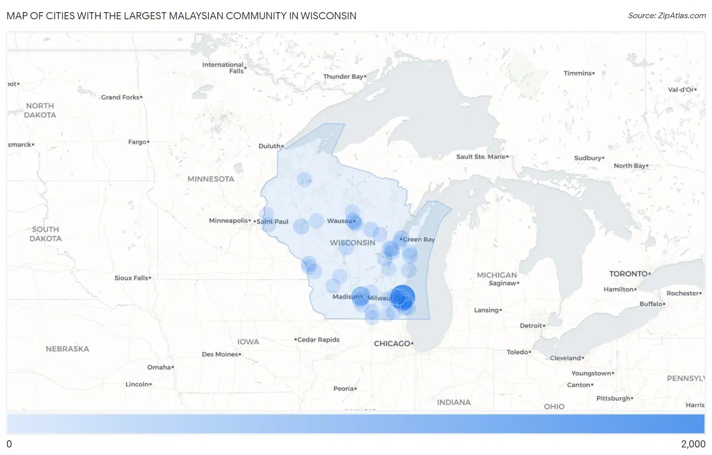 Cities with the Largest Malaysian Community in Wisconsin Map