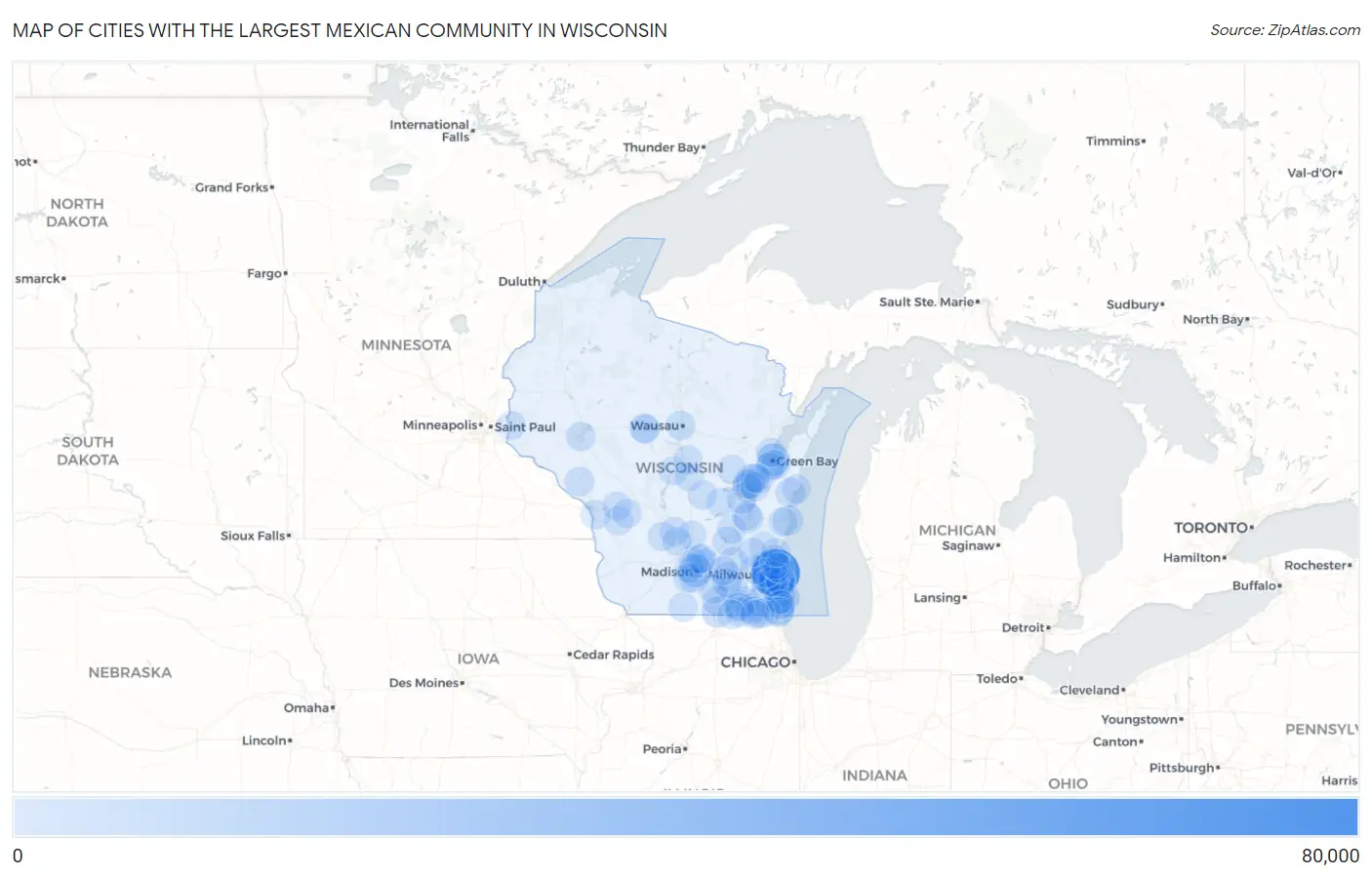 Cities with the Largest Mexican Community in Wisconsin Map
