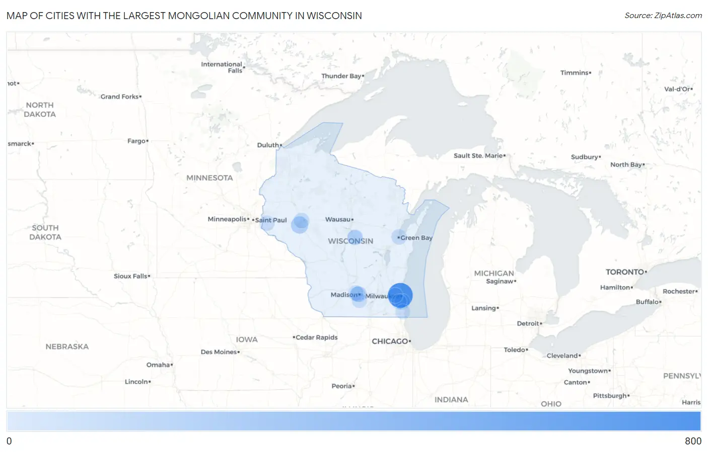 Cities with the Largest Mongolian Community in Wisconsin Map