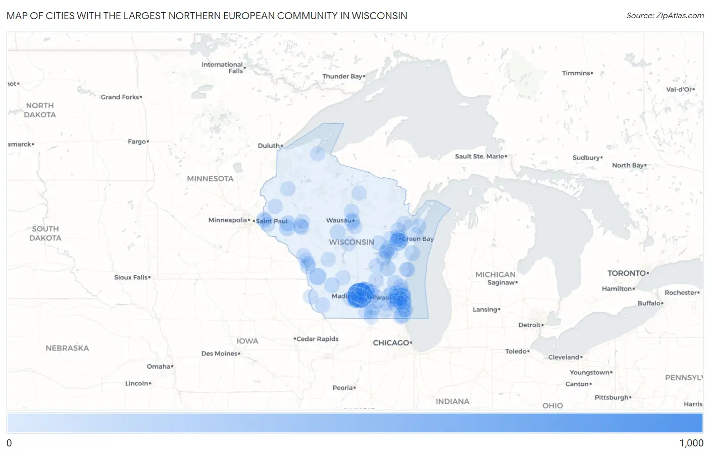 Cities with the Largest Northern European Community in Wisconsin Map