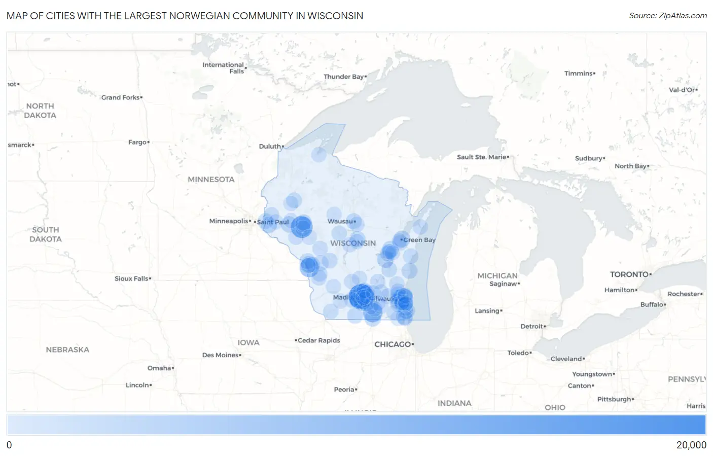 Cities with the Largest Norwegian Community in Wisconsin Map