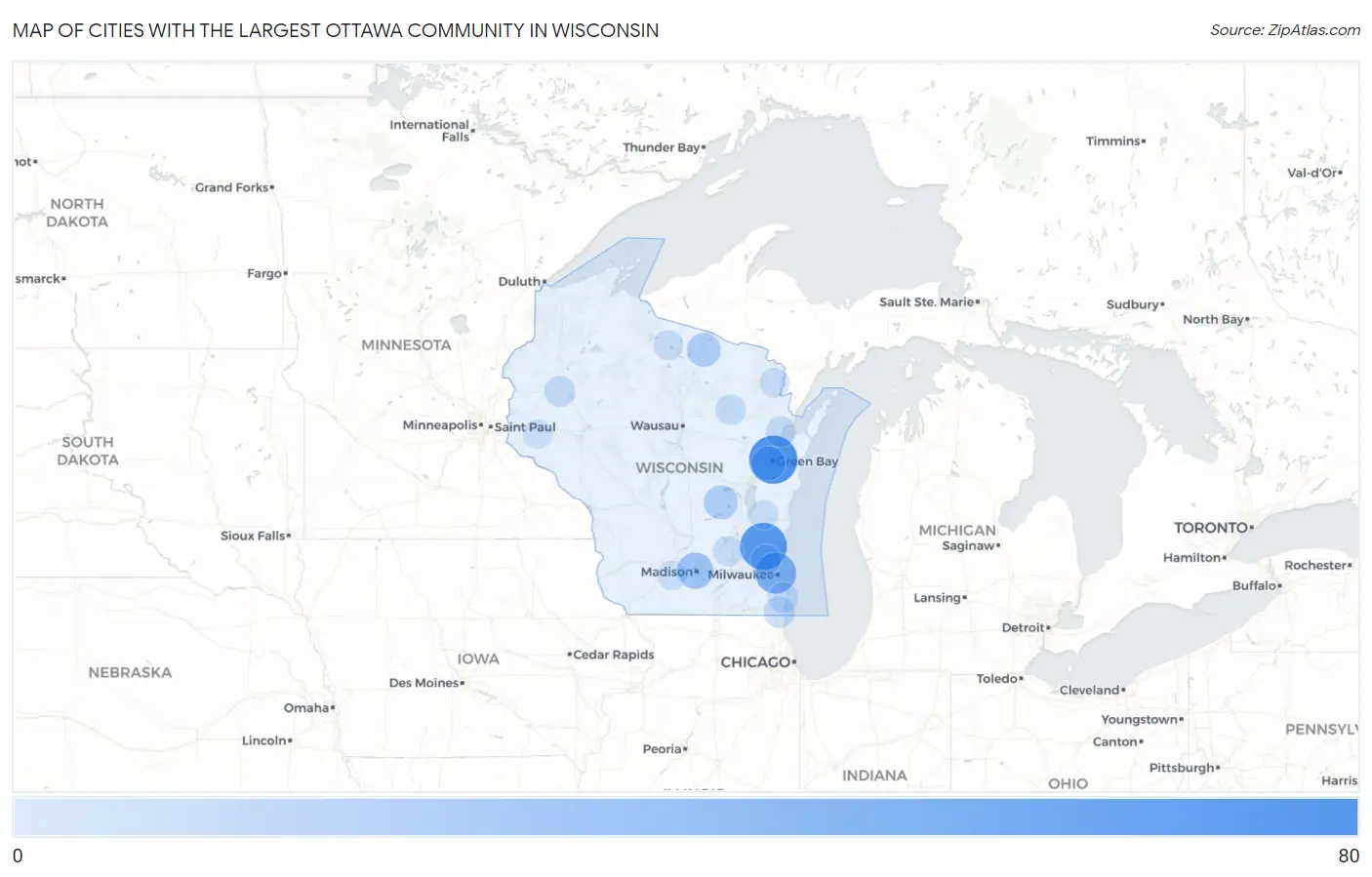 Cities with the Largest Ottawa Community in Wisconsin Map