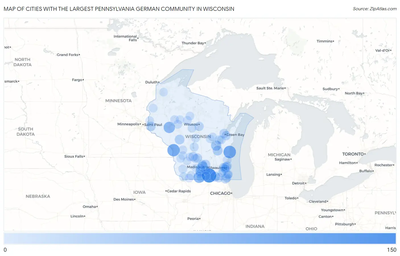 Cities with the Largest Pennsylvania German Community in Wisconsin Map