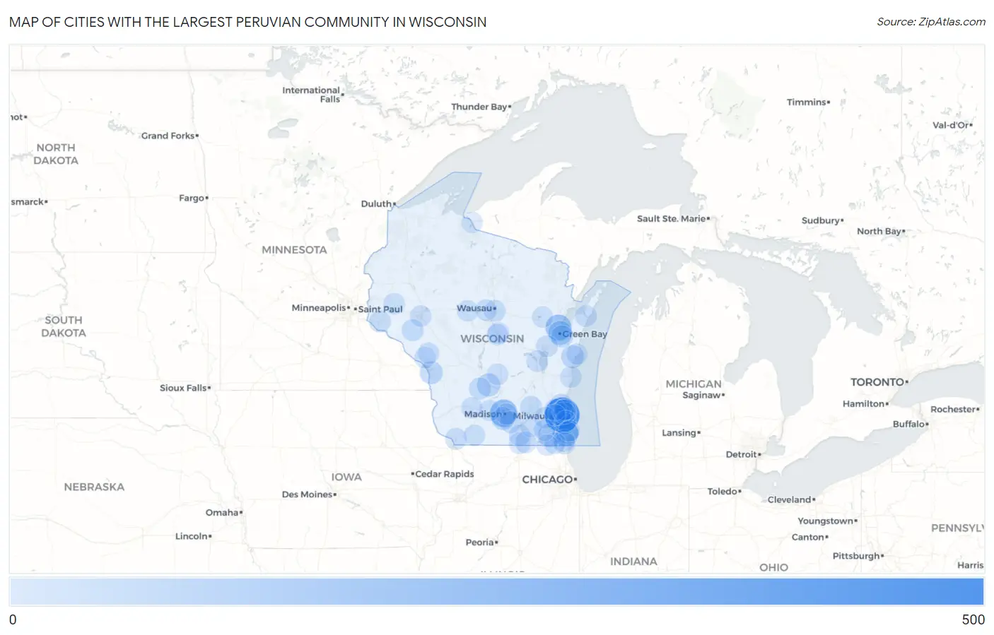 Cities with the Largest Peruvian Community in Wisconsin Map