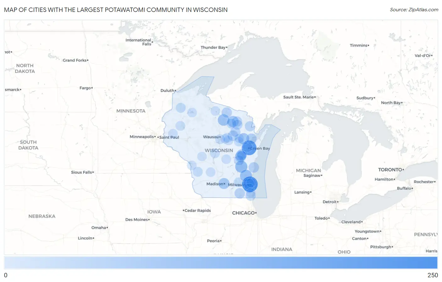 Cities with the Largest Potawatomi Community in Wisconsin Map