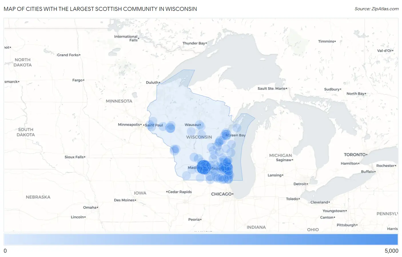 Cities with the Largest Scottish Community in Wisconsin Map