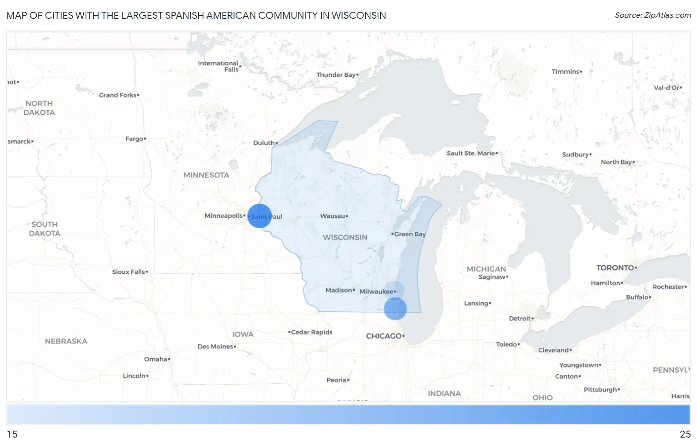 Cities with the Largest Spanish American Community in Wisconsin Map