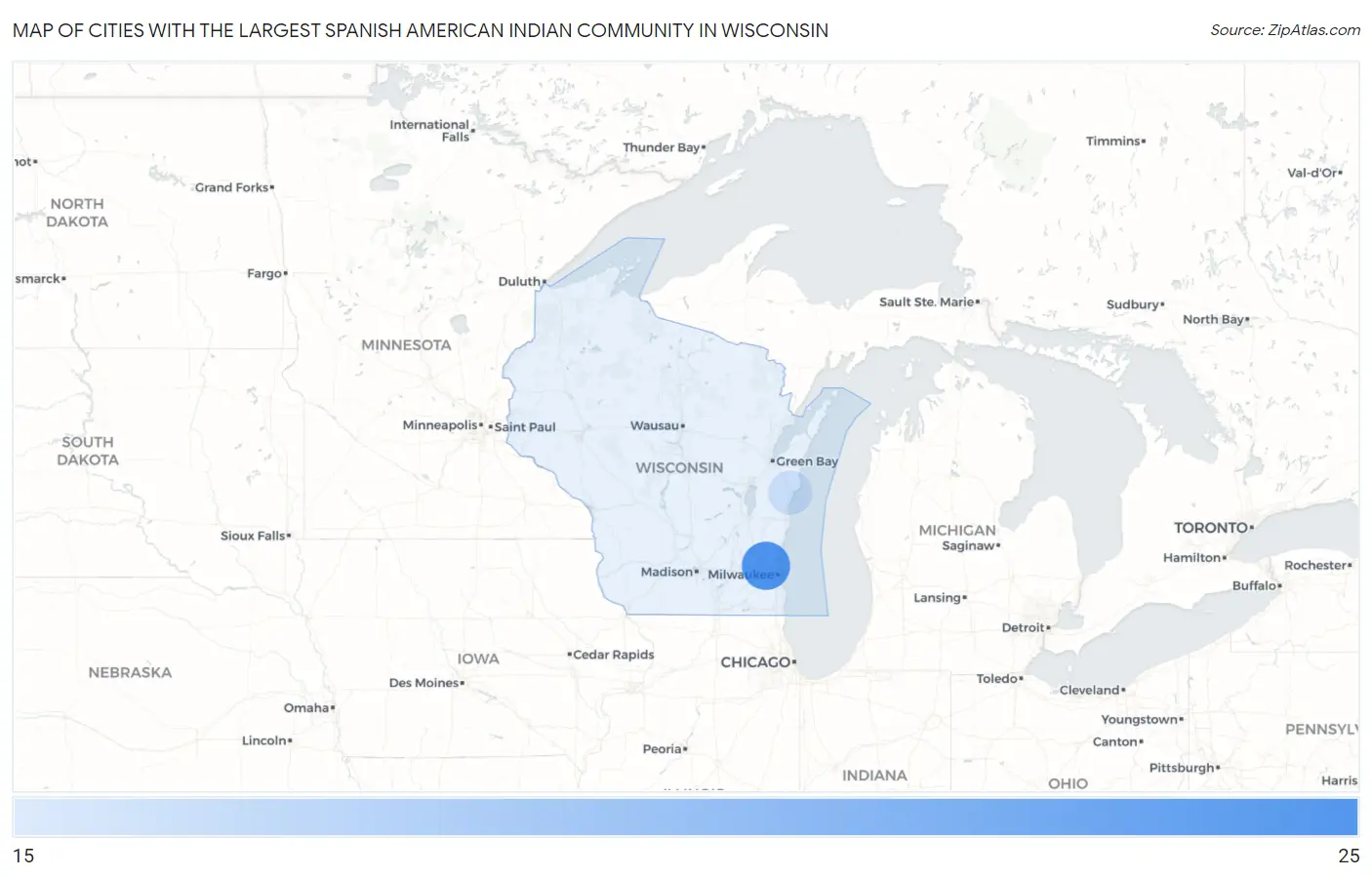 Cities with the Largest Spanish American Indian Community in Wisconsin Map