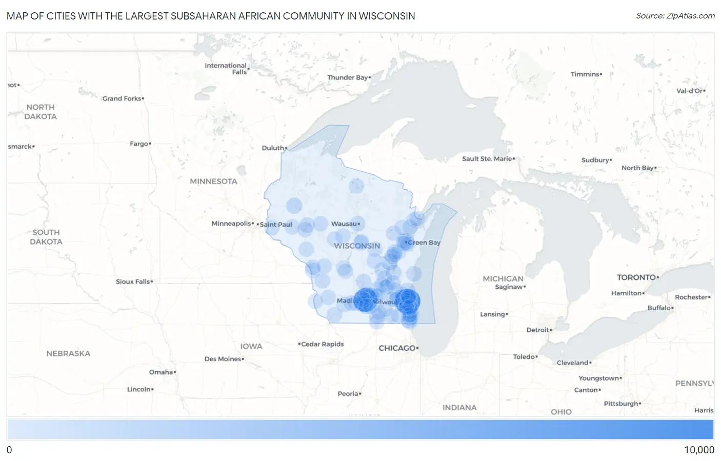 Cities with the Largest Subsaharan African Community in Wisconsin Map