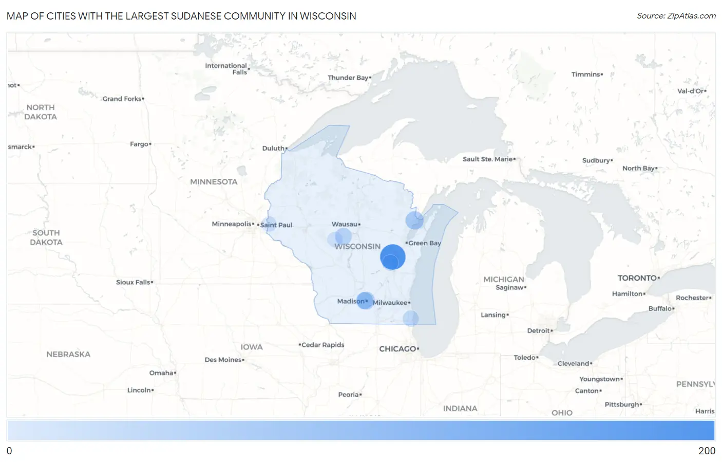 Cities with the Largest Sudanese Community in Wisconsin Map