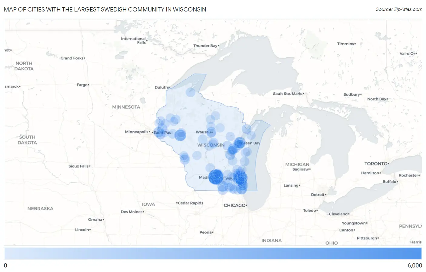 Cities with the Largest Swedish Community in Wisconsin Map